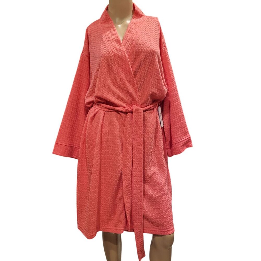 Joyspun Women's Waffle Kimono Short Wrap Robe Coral Sz XL  NWT